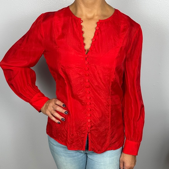 J.CREW Tops - J.Crew Bold Red Romantic Many Button Down Blouse‎ Long Sleeve Lightweight Size 4